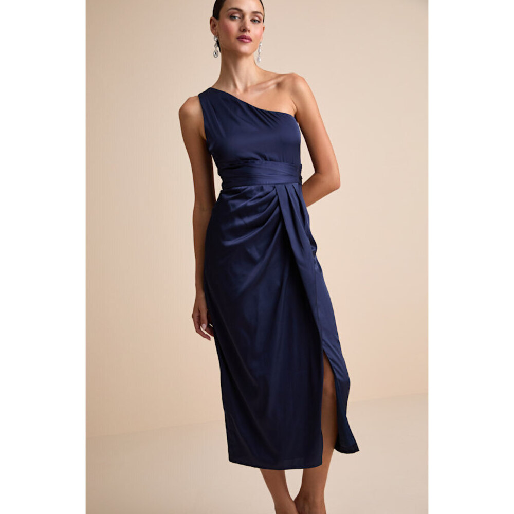 Lulus Rhema Navy Satin Midi Dress Blue - Size XL